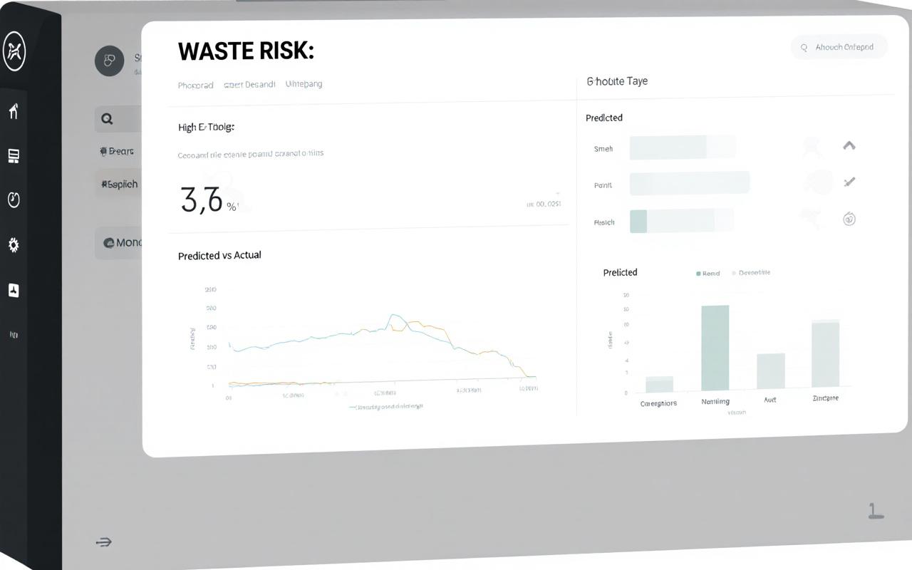 Technical dashboard showing floral stock levels and waste risk alerts in a high-contrast UI