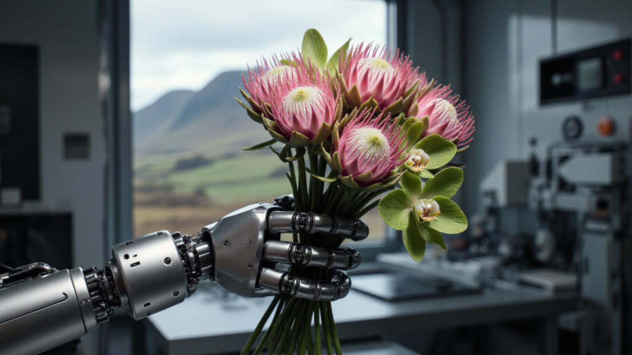Close-up high-precision machinery sorting vibrant flowers in a high-tech Scottish facility