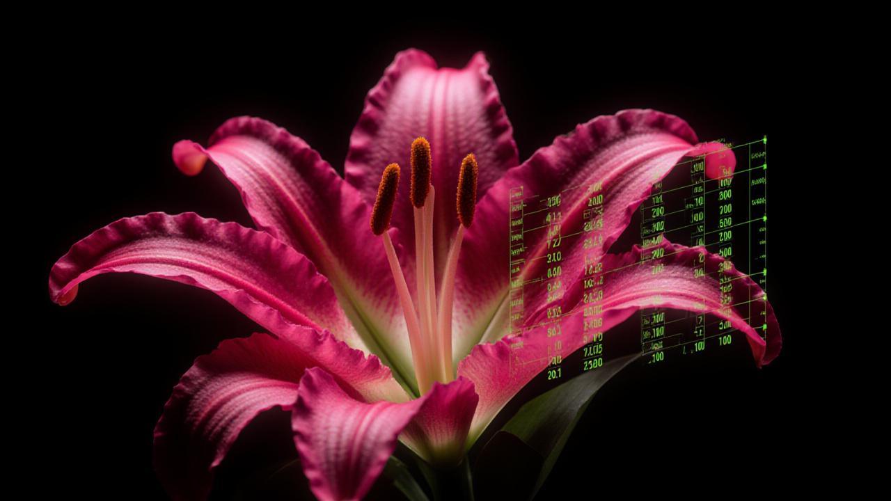 Close-up of vibrant flowers overlaid with digital data grids