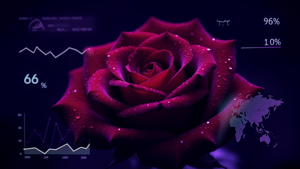 Close-up of a red rose with digital data overlays and high-tech UI elements