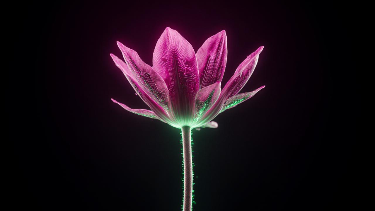 Cybernetic botanical structure with digital overlays