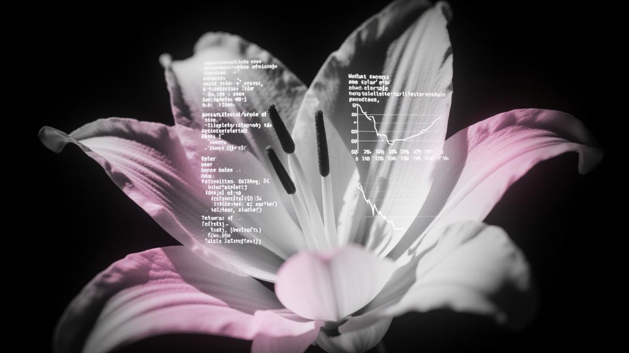 Close-up of technical data overlaying organic flower arrangements