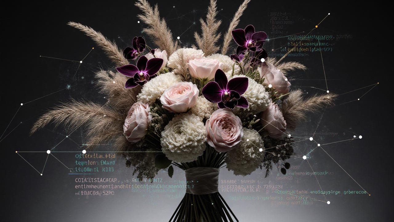Luxury floral arrangement with digital data technical diagnostic overlay